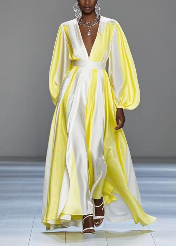 Italian Yellow V Neck Patchwork Silk Cinched Dress Spring