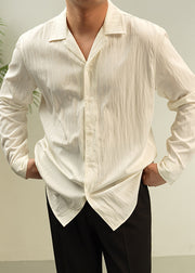 Ivory White Button Solid Cotton Fall Shirt Men Peter Pan Collar