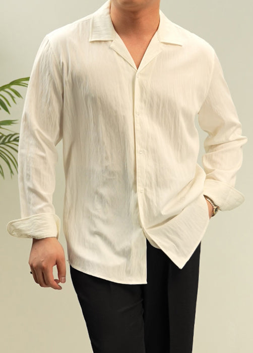 Ivory White Button Solid Cotton Fall Shirt Men Peter Pan Collar