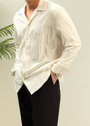 Ivory White Button Solid Cotton Fall Shirt Men Peter Pan Collar