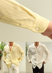 Ivory White Button Solid Cotton Fall Shirt Men Peter Pan Collar