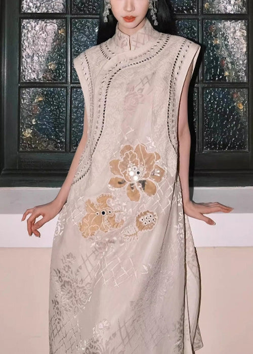 Jacquard Apricot Nail Bead Lace Waistcoat And Skirts Silk Two Piece Set Sleeveless