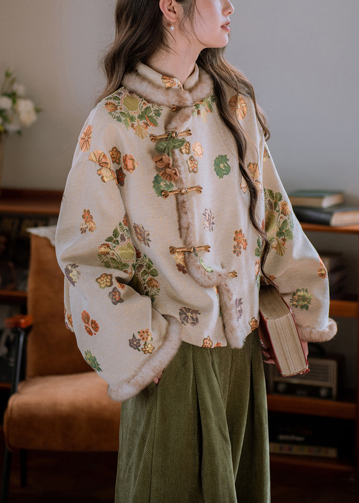 Jacquard Apricot Stand Collar Patchwork Warm Fleece Parka Winter