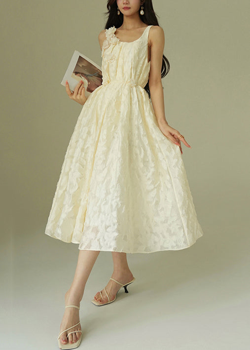 Jacquard Beige Floral Tie Waist Cotton Party Dress Sleeveless