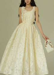 Jacquard Beige Floral Tie Waist Cotton Party Dress Sleeveless