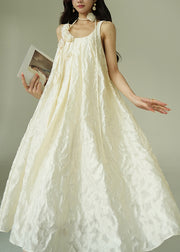 Jacquard Beige Floral Tie Waist Cotton Party Dress Sleeveless
