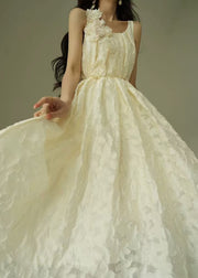 Jacquard Beige Floral Tie Waist Cotton Party Dress Sleeveless