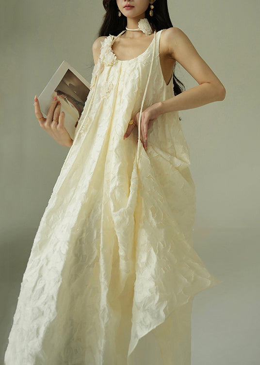 Jacquard Beige Floral Tie Waist Cotton Party Dress Sleeveless