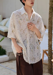 Jacquard Beige Peter Pan Collar Button Ice Silk Shirt Men Half Sleeve
