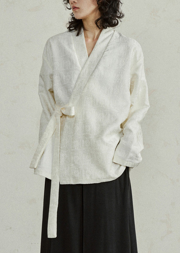 Jacquard Beige V Neck Solid Top Long Sleeve