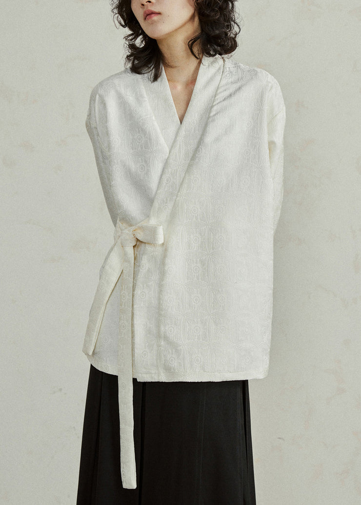 Jacquard Beige V Neck Solid Top Long Sleeve