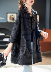 Jacquard Black Chinese Button Ruffled Silk Coats Bracelet Sleeve