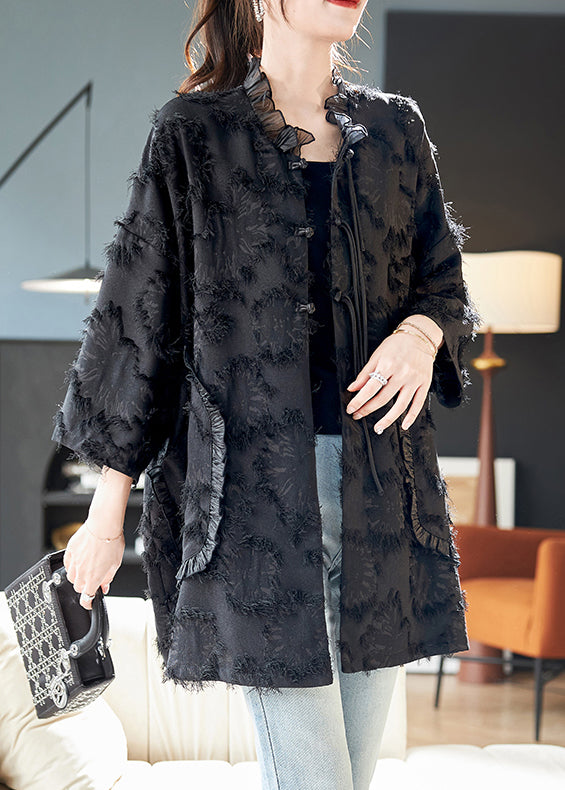 Jacquard Black Chinese Button Ruffled Silk Coats Bracelet Sleeve