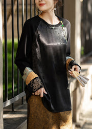 Jacquard Black Embroidered Patchwork Silk Shirt Fall