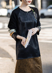 Jacquard Black Embroidered Patchwork Silk Shirt Fall