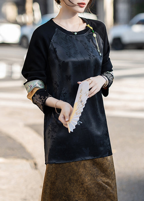 Jacquard Black Embroidered Patchwork Silk Shirt Fall