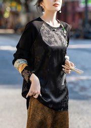 Jacquard Black Embroidered Patchwork Silk Shirt Fall