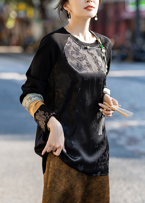 Jacquard Black Embroidered Patchwork Silk Shirt Fall