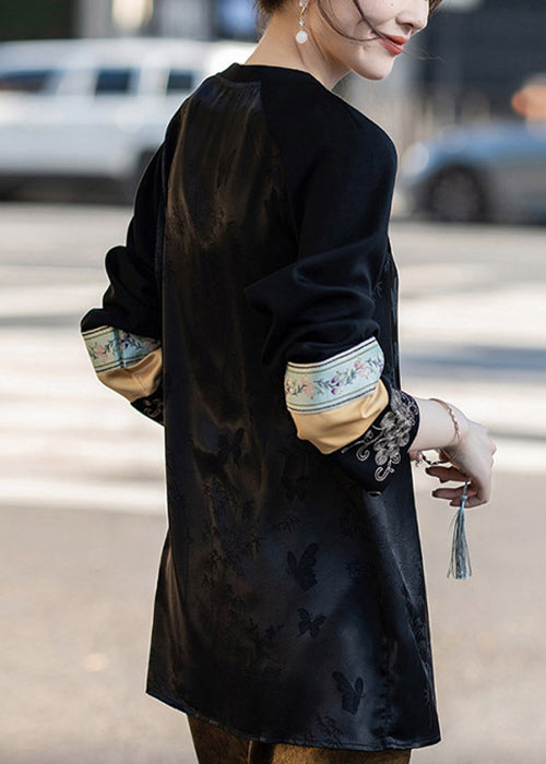 Jacquard Black Embroidered Patchwork Silk Shirt Fall