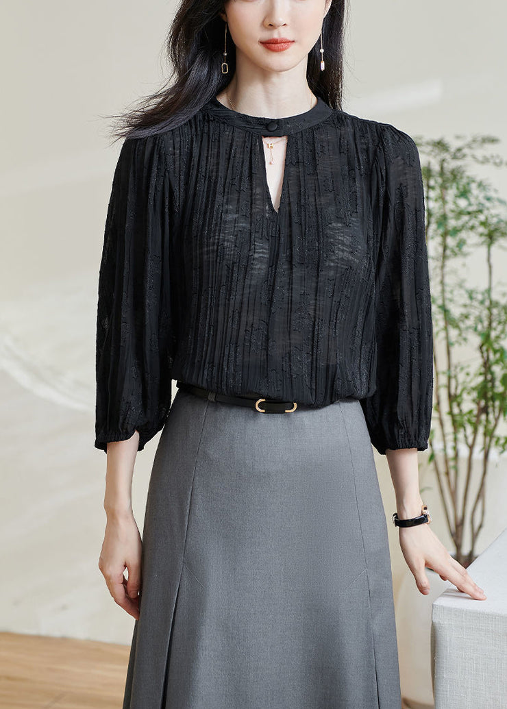 Jacquard Black Hollow Out Cotton Shirt Top Bracelet Sleeve