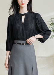 Jacquard Black Hollow Out Cotton Shirt Top Bracelet Sleeve