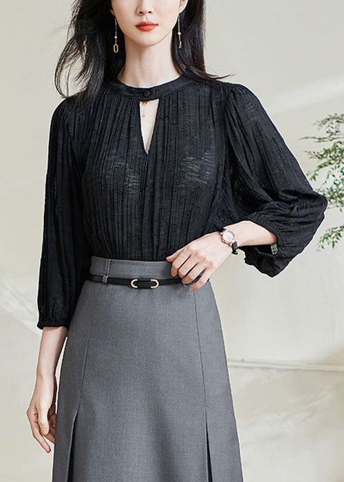 Jacquard Black Hollow Out Cotton Shirt Top Bracelet Sleeve