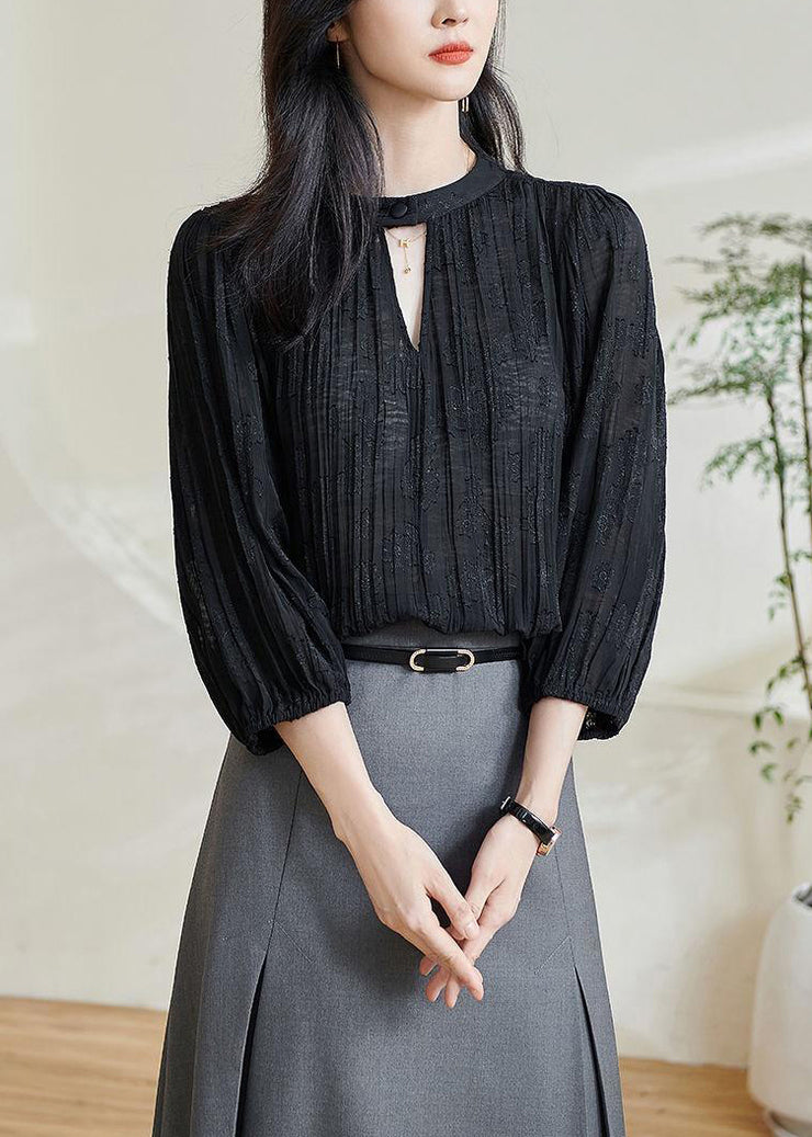 Jacquard Black Hollow Out Cotton Shirt Top Bracelet Sleeve