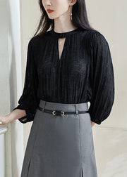 Jacquard Black Hollow Out Cotton Shirt Top Bracelet Sleeve