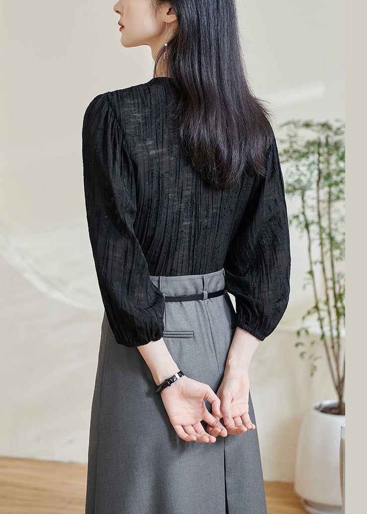 Jacquard Black Hollow Out Cotton Shirt Top Bracelet Sleeve