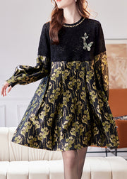 Jacquard Black Hollow Out Sequins Patchwork Mid Dress Fall