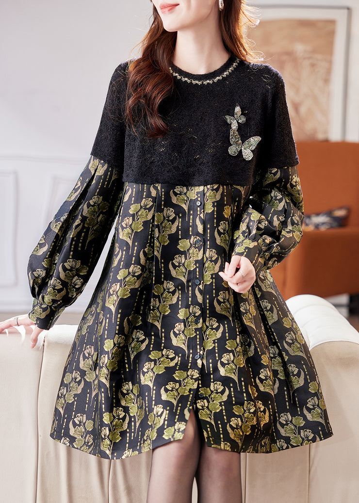 Jacquard Black Hollow Out Sequins Patchwork Mid Dress Fall