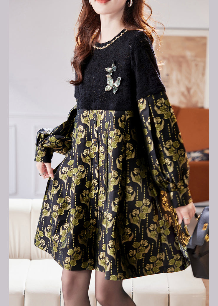 Jacquard Black Hollow Out Sequins Patchwork Mid Dress Fall