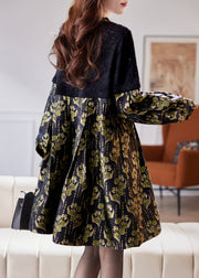 Jacquard Black Hollow Out Sequins Patchwork Mid Dress Fall