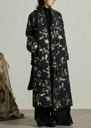 Jacquard Black Lace Up Pockets Cotton Long Coats Fall