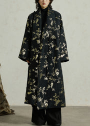 Jacquard Black Lace Up Pockets Cotton Long Coats Fall