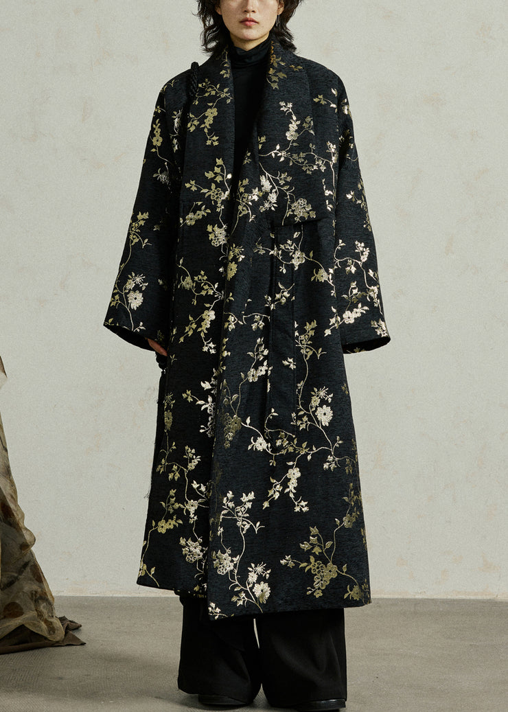 Jacquard Black Lace Up Pockets Cotton Long Coats Fall