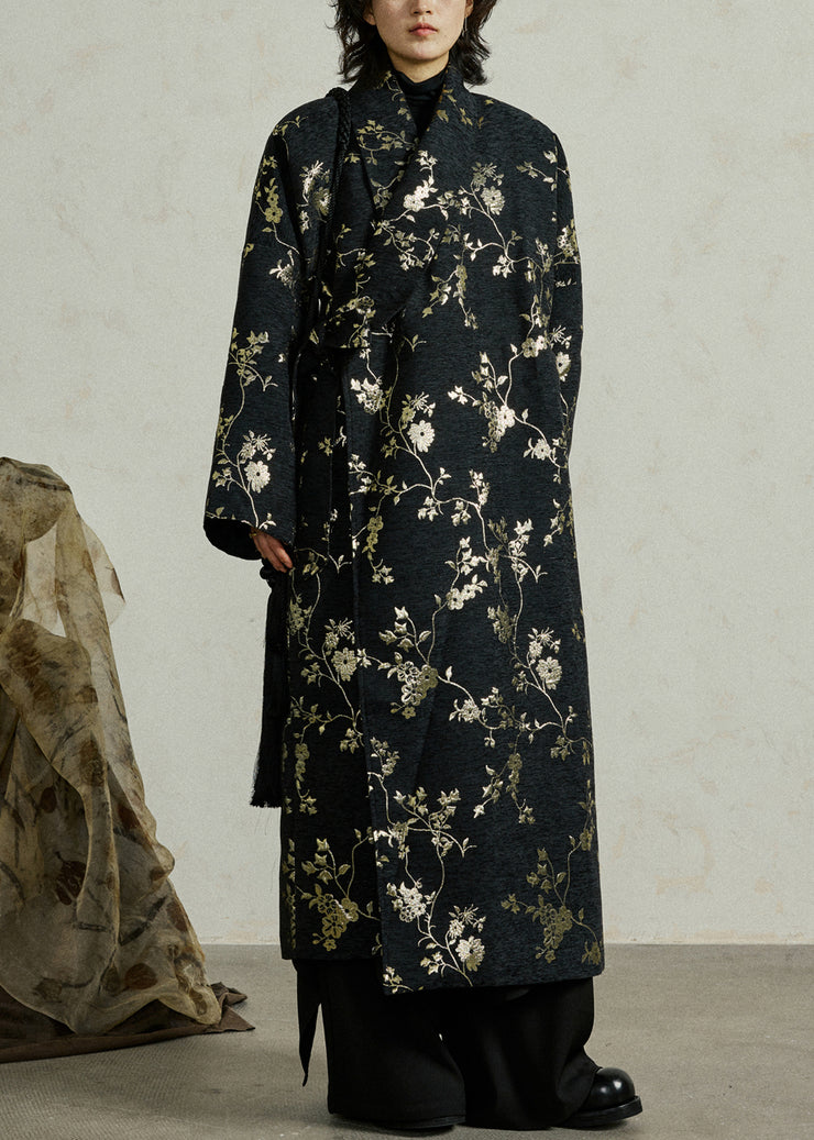 Jacquard Black Lace Up Pockets Cotton Long Coats Fall