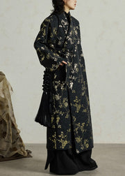 Jacquard Black Lace Up Pockets Cotton Long Coats Fall