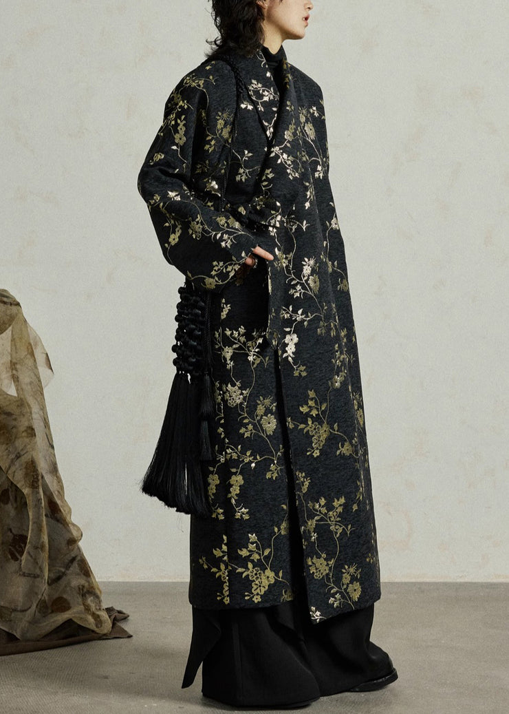 Jacquard Black Lace Up Pockets Cotton Long Coats Fall