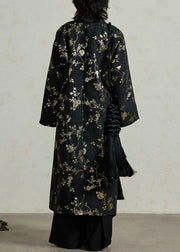 Jacquard Black Lace Up Pockets Cotton Long Coats Fall