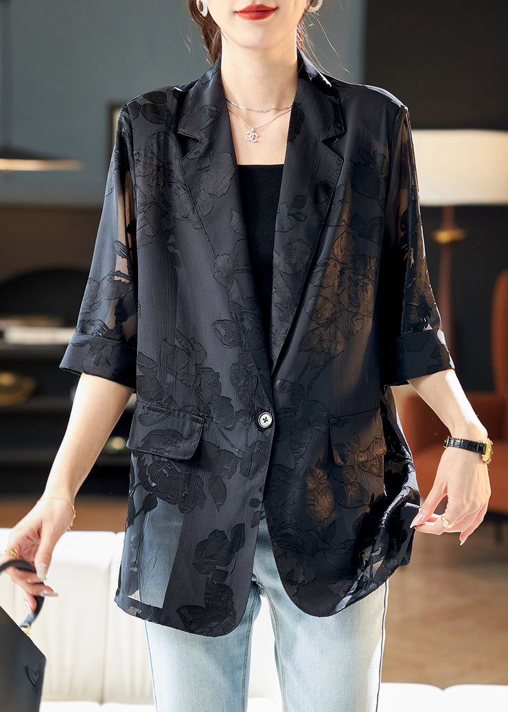 Jacquard Black Notched Button Thin Chiffon Coat Half Sleeve