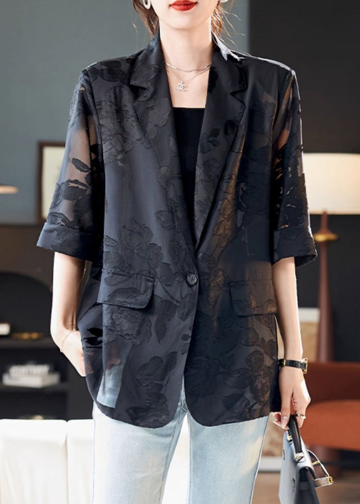 Jacquard Black Notched Button Thin Chiffon Coat Half Sleeve