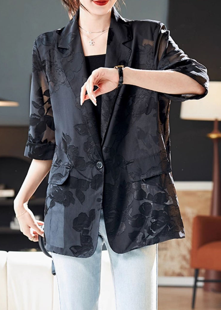 Jacquard Black Notched Button Thin Chiffon Coat Half Sleeve