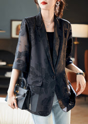 Jacquard Black Notched Button Thin Chiffon Coat Half Sleeve