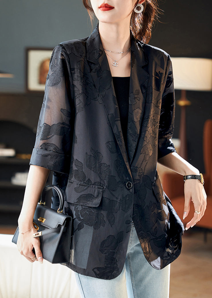 Jacquard Black Notched Button Thin Chiffon Coat Half Sleeve