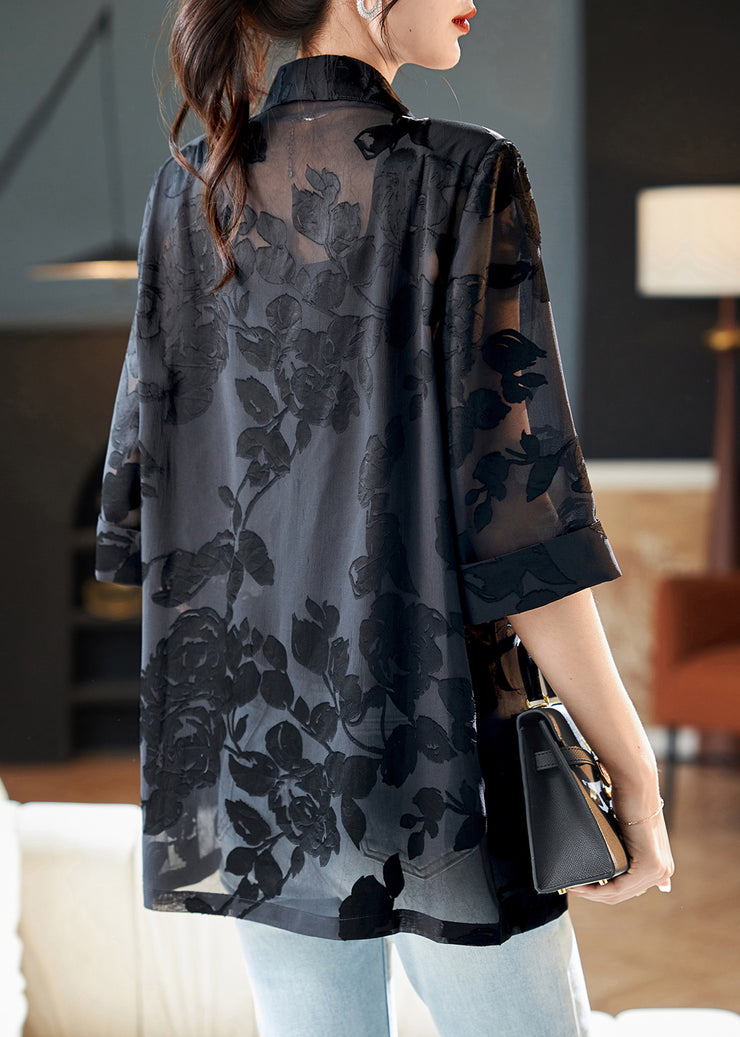 Jacquard Black Notched Button Thin Chiffon Coat Half Sleeve