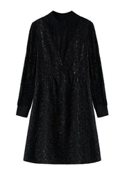 Jacquard Black O-Neck Patchwork Nail Bead Fake Two Pieces Mid Dress Fall