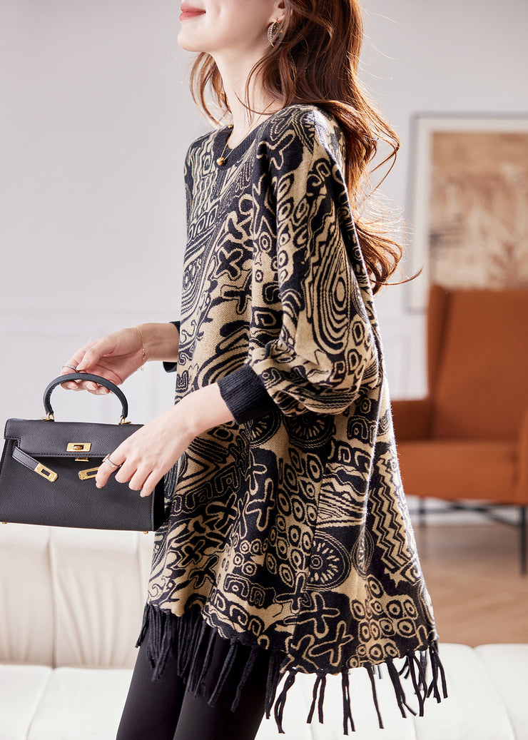 Jacquard Black O Neck Tasseled Knit Sweater Fall