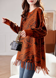 Jacquard Black O Neck Tasseled Knit Sweater Fall