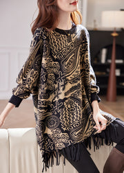 Jacquard Black O Neck Tasseled Knit Sweater Fall